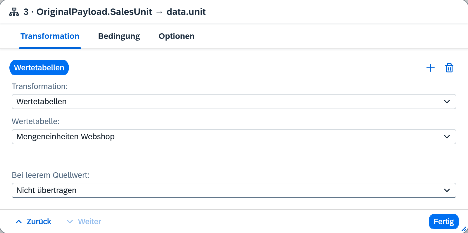 Feldeigenschaften – Transformation „Wertetabellen“ mit gewählter Tabelle