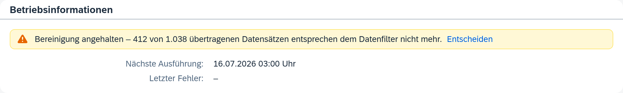 Angehaltene Bereinigung im Routendetail, mit beiden Zahlen und der Aktion Entscheiden