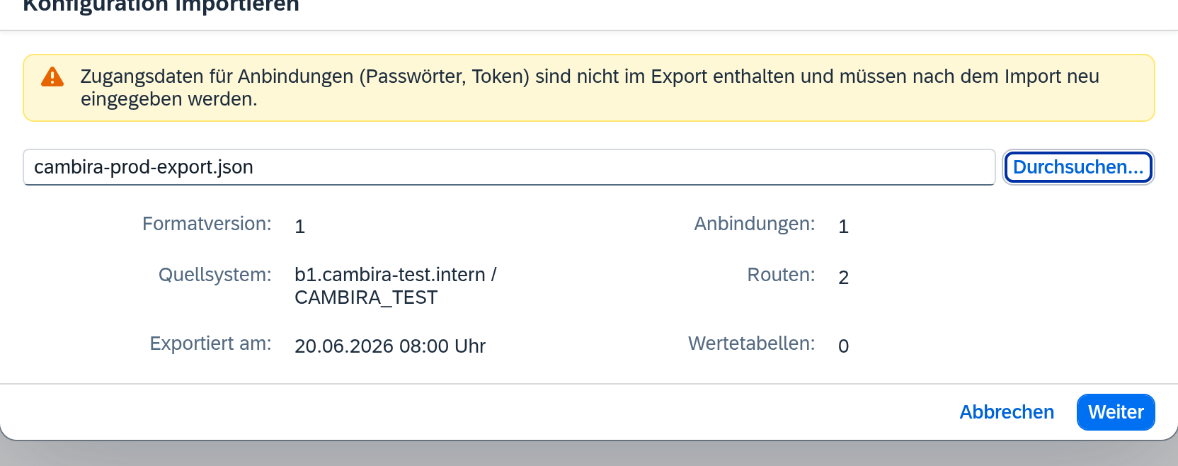 Import-Dialog Schritt 1: Datei ausgewählt