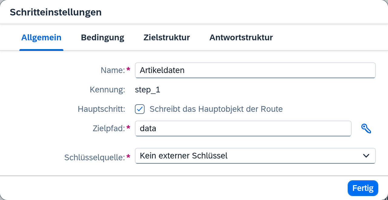 Schritteinstellungen – Reiter Allgemein mit Name, Kennung, Hauptschritt und Zielpfad