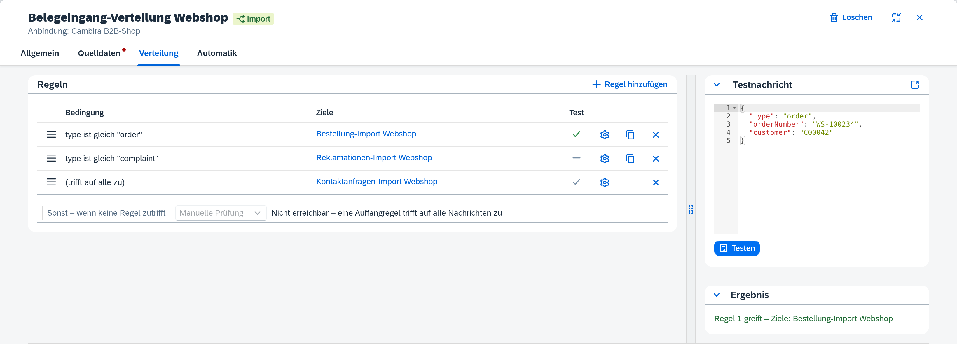 Verteilung – Regelliste mit Testergebnis