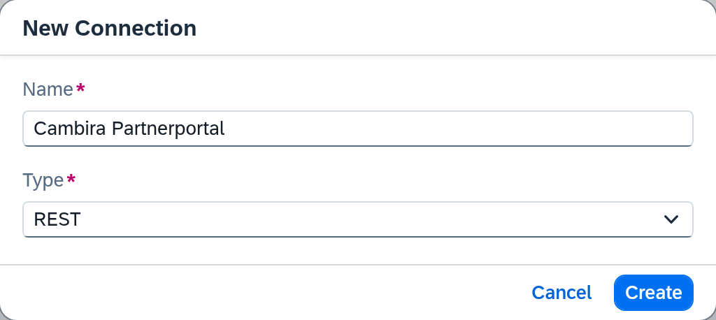 New Connection dialog with name and type