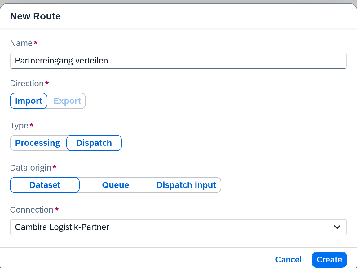 Create a route — dispatch route (Import)