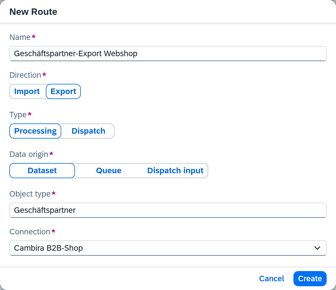 Create a route — processing route (Export)