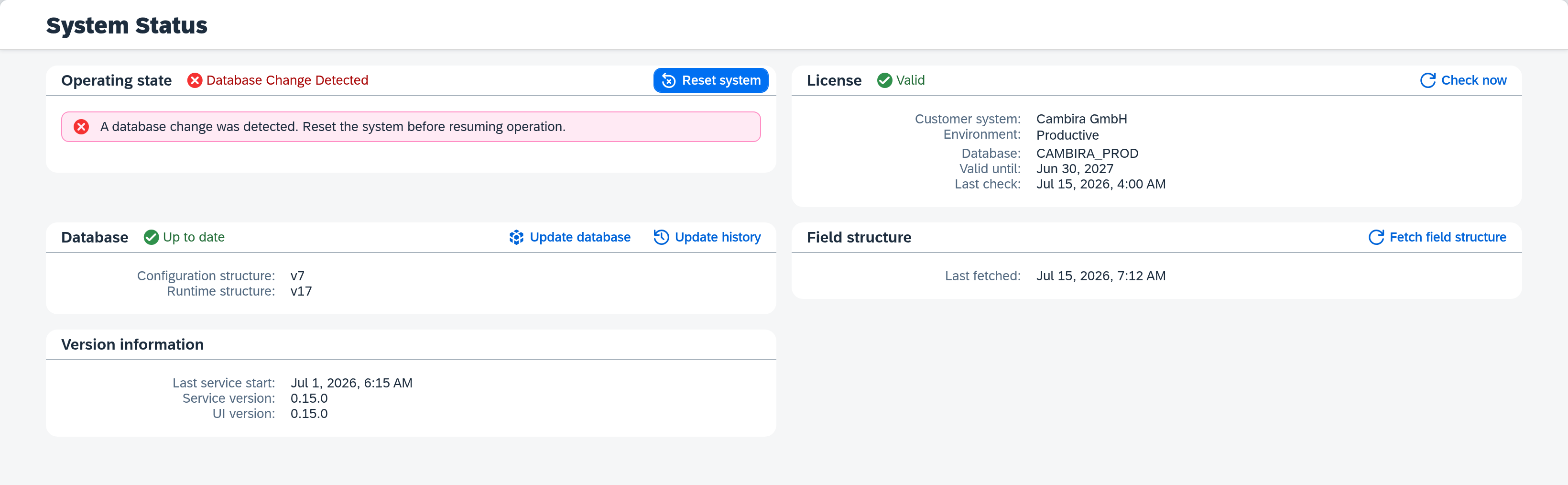 System Status page with the red operating state "Database change detected"