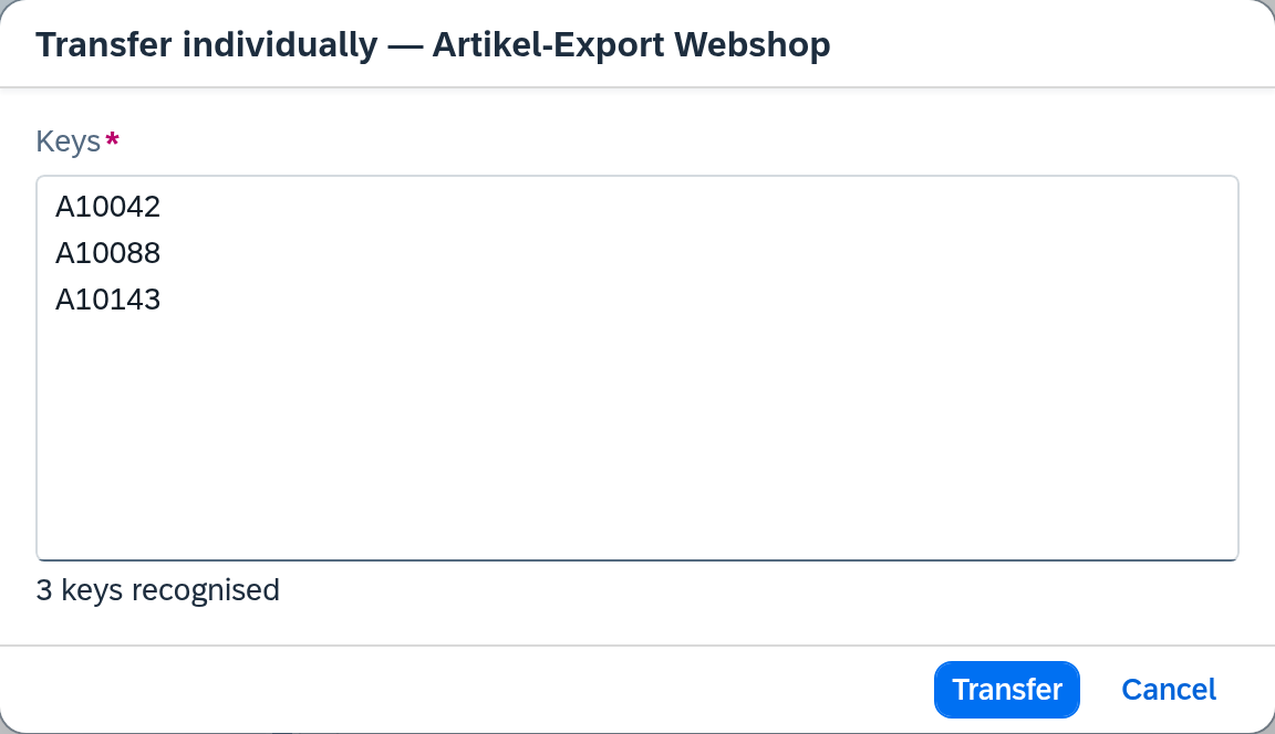 Transfer individually — dialog of an export route with the Keys field and three recognised keys