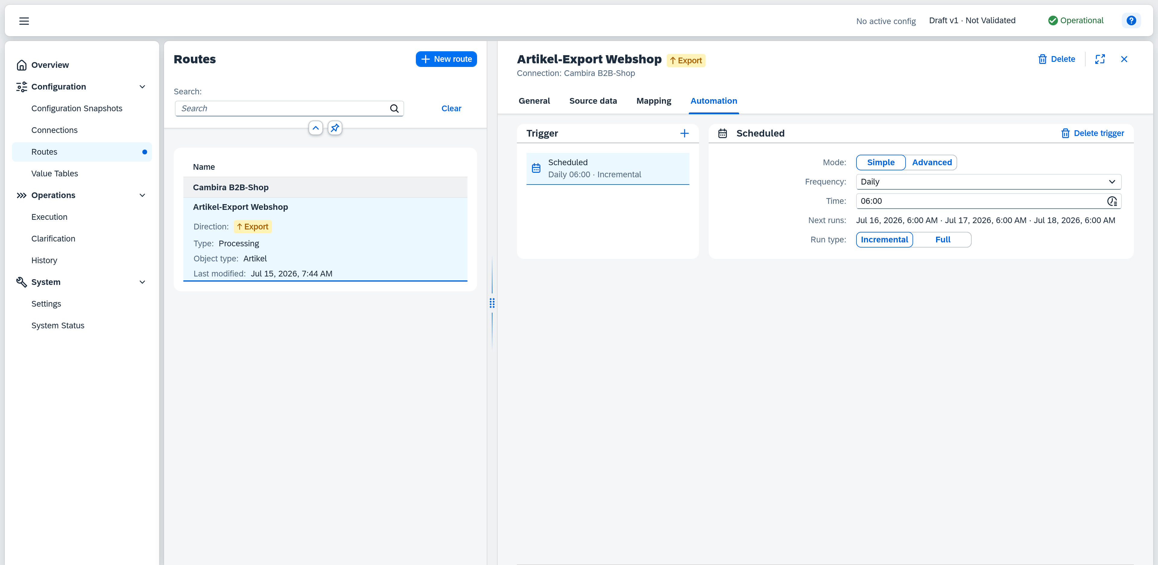 Automation tab: scheduled trigger, daily 06:00, run type Incremental