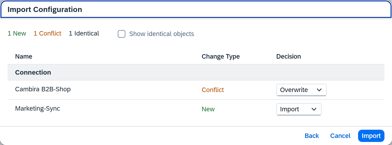 Import dialog step 2: conflict list