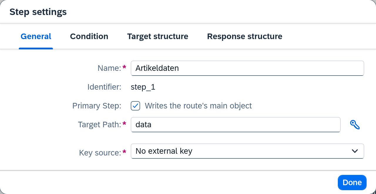 Step settings — the General tab with Name, Identifier, Primary Step and Target Path