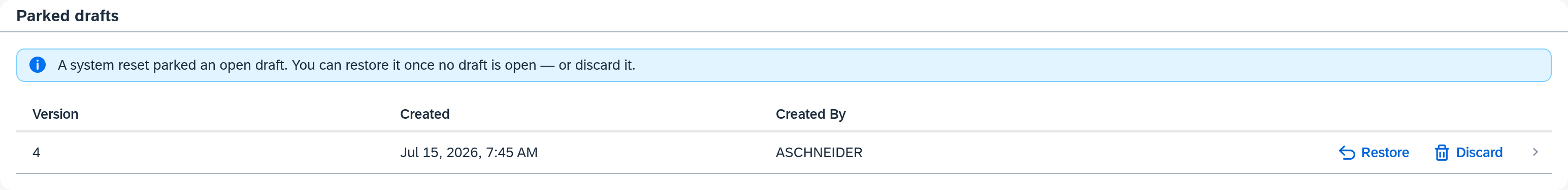 Parked drafts section with the Restore and Discard actions