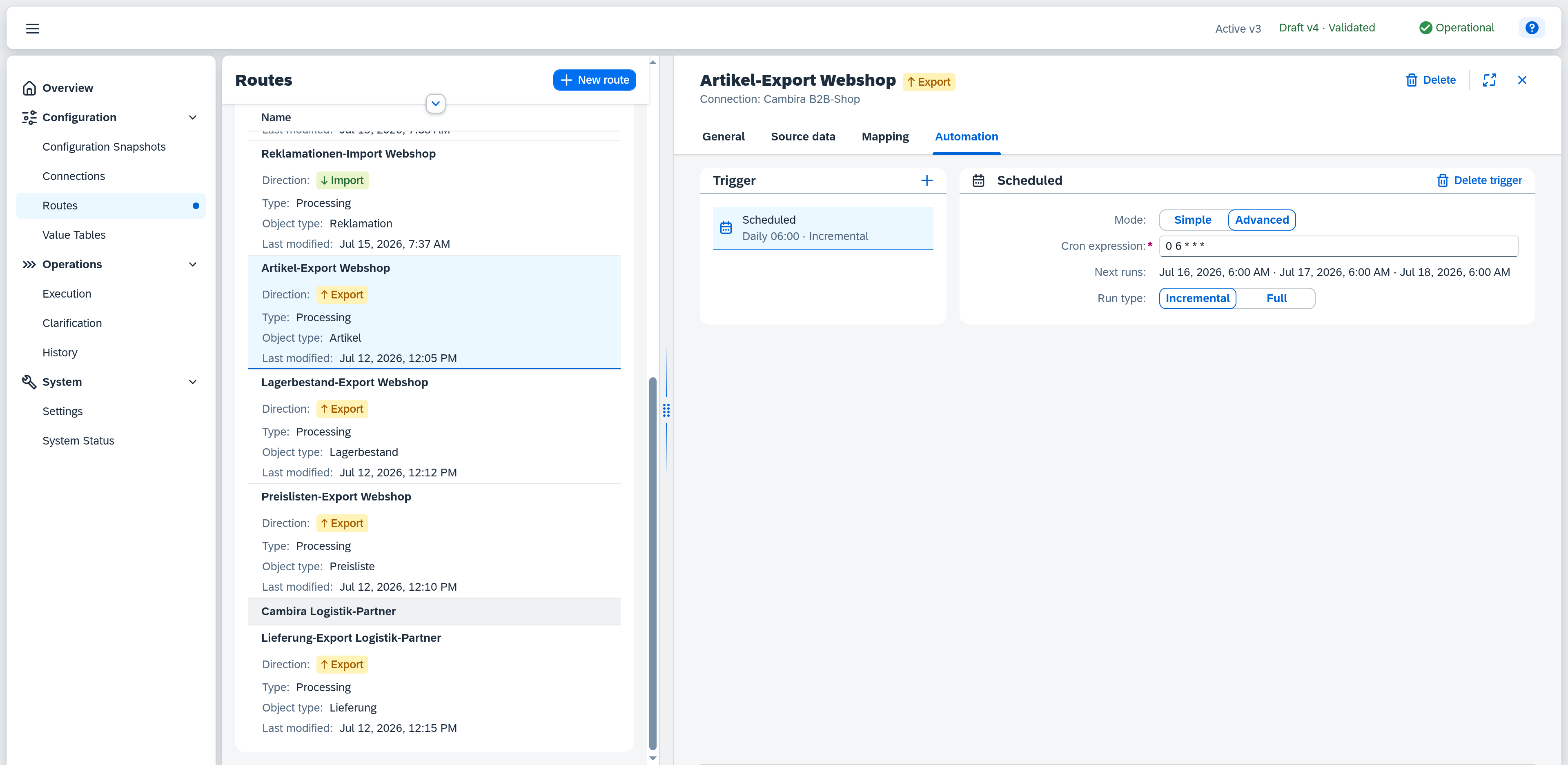 Routes — Automation, scheduled trigger in "Advanced" mode with a cron expression