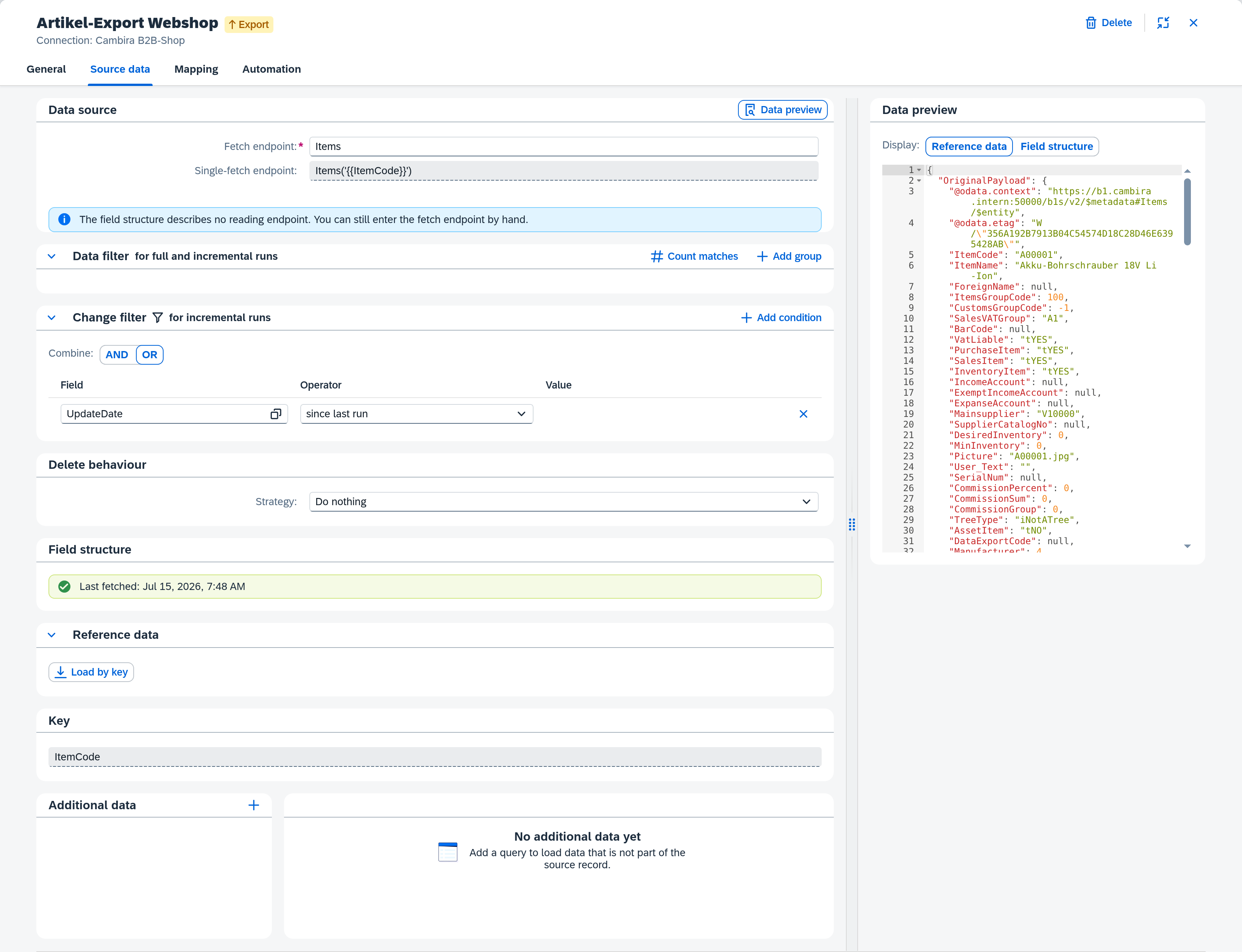 Source data tab with loaded record A00001 and the data preview
