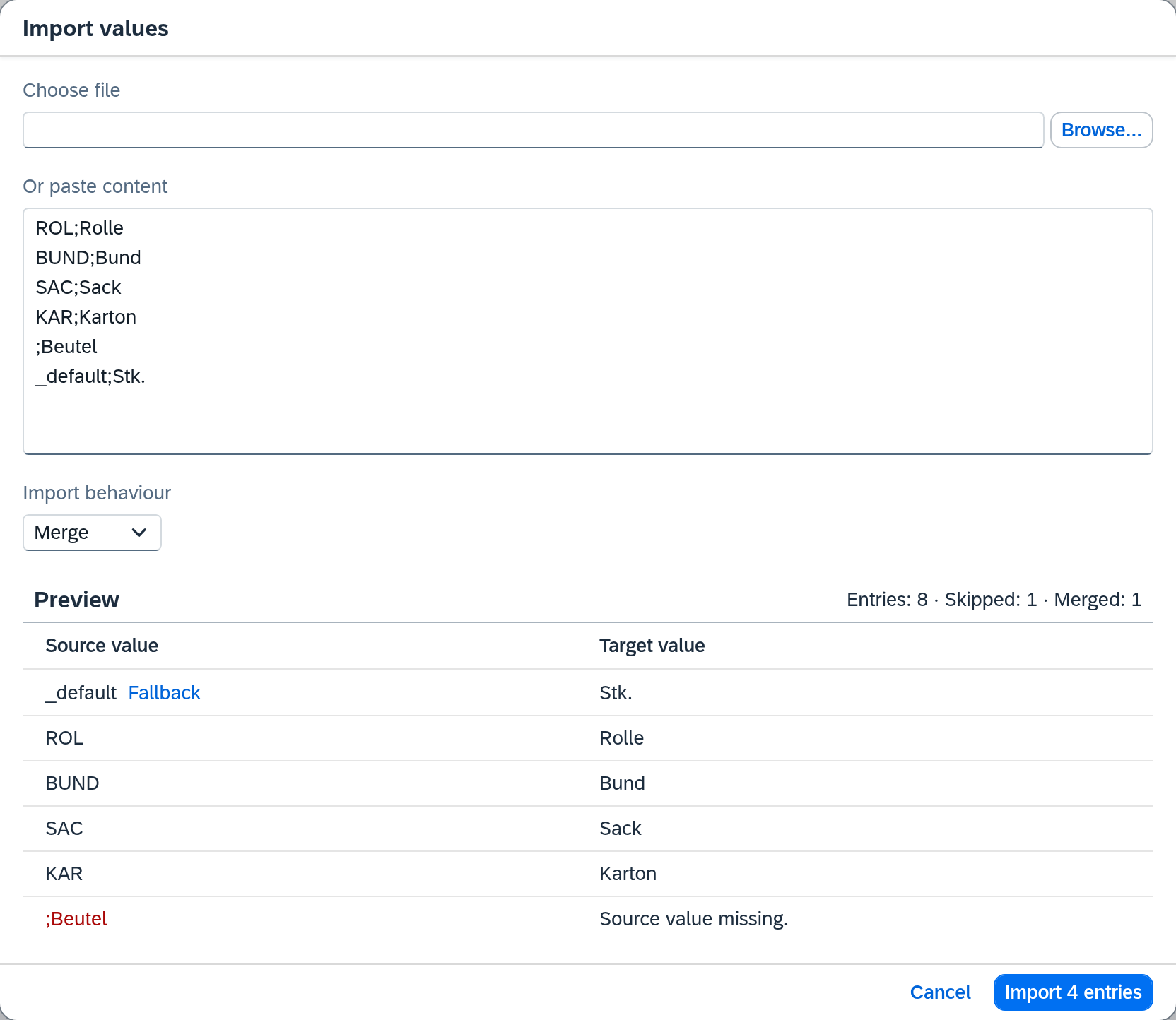 Value Tables — Import values