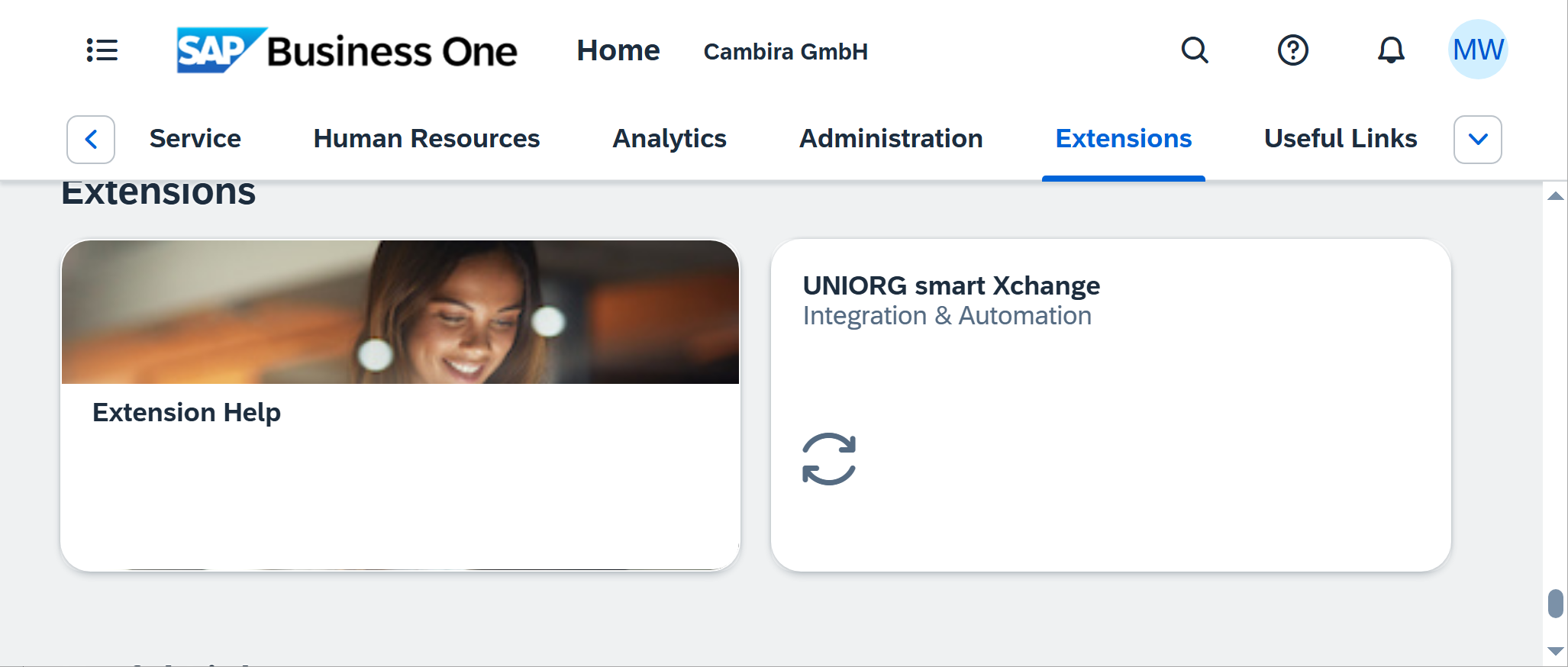 SAP Business One Web Client — Xchange tile in the "Extensions" area